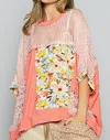 Pol Birdie Patchwork Mesh Poncho In Peach In Multi