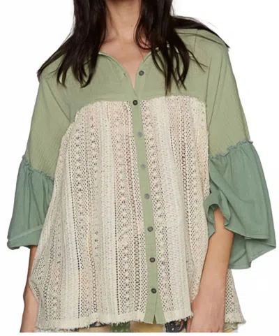 Pol Bliss Button-front Blouse In Beige/ Green In Multi