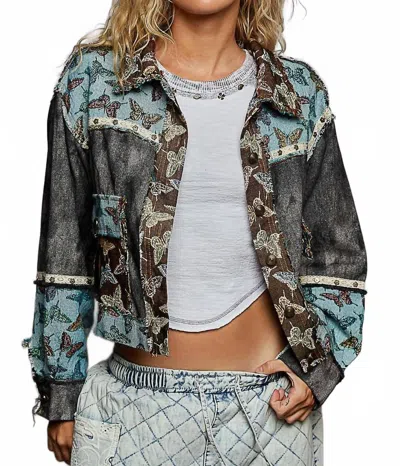 Pol Boho Butterfly Distressed Denim Jacket In Blue