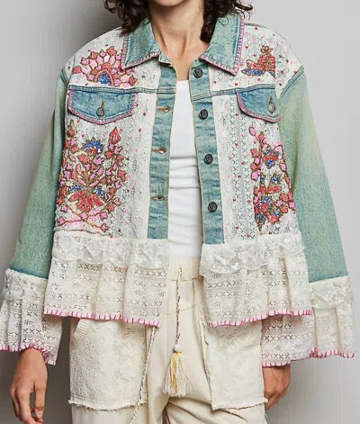 Pol Boho Embroidered Lace Trim Jacket In Denim In Multi