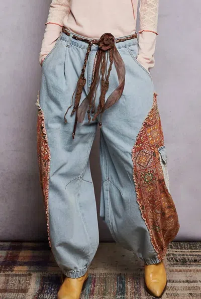 Pol Boho Floral Patchwork Cargo Joggers In Lt Denim In Blue