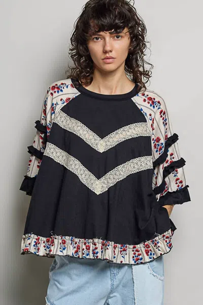 Pol Boho Mixed Print Floral Sleeve Lace Panel Top In Black In Blue