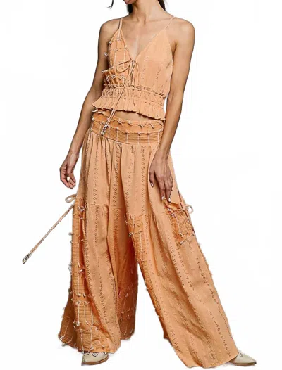 Pol Boho Ruffle Contrast Shell Trim Wide Leg Pants In Coral In Orange