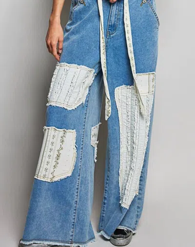 Pol Boho Vintage Patchwork Denim Wide Leg Pants In Blue