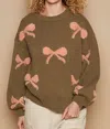 Pol Bow Knit Sweater In Olive In Multi
