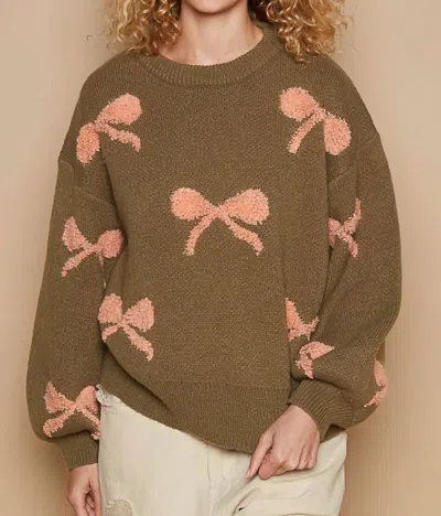 Pol Bow Knit Sweater In Olive In Multi