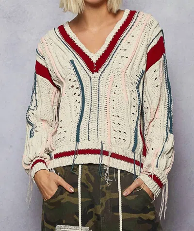 Pol Bristol Oversized Distressed Cable Fisherman Sweater In Cream In White