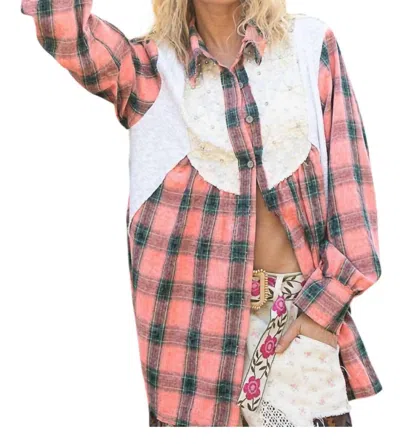 Pol Buffalo Lace Flannel Shacket In Pink/white In Multi