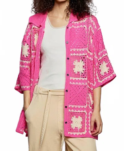 Pol Short Sleeve Granny Square Crochet Shirt Top In Hot Pink In Multi