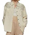 Pol Button Down Raw Edg Shirt With Pearl Lace Patch In Oatmilk In Multi