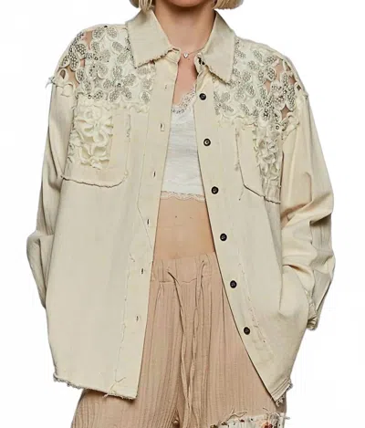 Pol Button Down Raw Edg Shirt With Pearl Lace Patch In Oatmilk In Multi