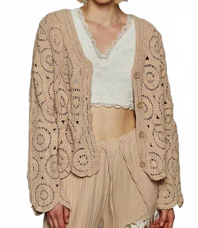 Pol Button Down V-neck Crochet Cardigan In Camel