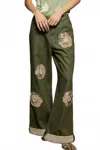 Pol Charleston Wide Leg Denim Daisy Patchwork Cuff Jeans In Olive In Green