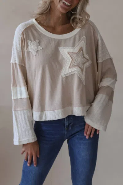 Pol Chasing Stars Long Sleeve Top In Beige Multi In Pink