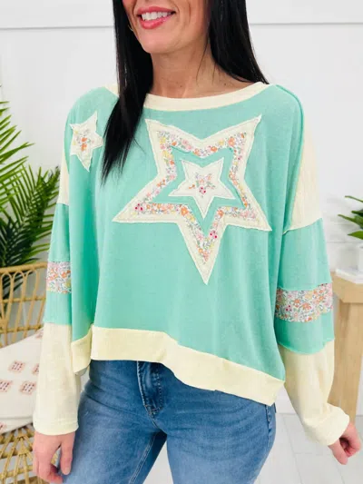 Pol Chasing Stars Long Sleeve Top In Mint Multi In Green