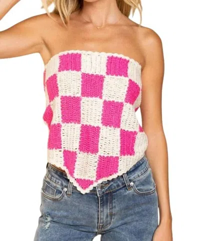 Pol Checkered Sweater Top In Cream/pink In Multi