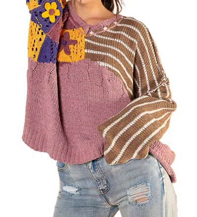 Pol Chenille Crochet Sweater In Pink And Brown Floral