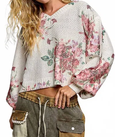 Pol Claire Floral Print Chenille Sweater V Neck Rib Knit Top In Powder Cream In Multi
