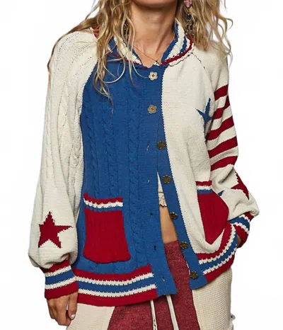 Pol Collar Neck Striped Star Chenille Sweater Cardigan Top In Blue In Multi