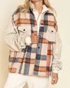 POL COLLARED BUTTON DOWN PLAID SHACKET IN BEIGE MULTI