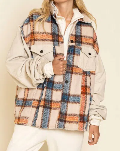 Pol Collared Button Down Plaid Shacket In Beige Multi In Brown