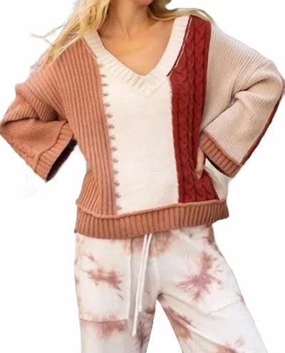 Pol Color Block V-neck Sweater In Rust Taupe In Multi