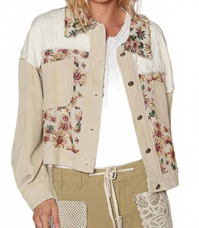 Pol Contrast Quilt Panel Corduroy Jacquard Jacket In Beige