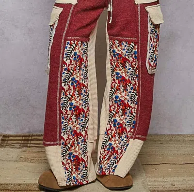 Pol Contrast Thermal Knit Patchwork Pants In Burgundy In Multi