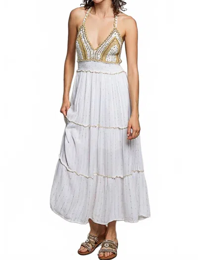 Pol Corfu Crochet Sequin Metallic Halter Maxi Dress In White Multi