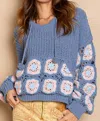 POL CORNFLOWER CROCHET SQUARE PATCH HOODED PULLOVER SWEATER IN BLUE