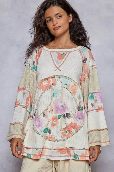 Pol Crew Neck Printed Peace Patch Overlock Stitch Knit Top In Cream In White