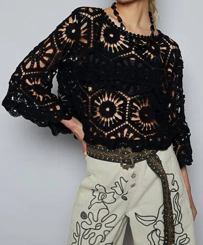 Pol Crochet 3/4 Sleeve One Size Top In Black