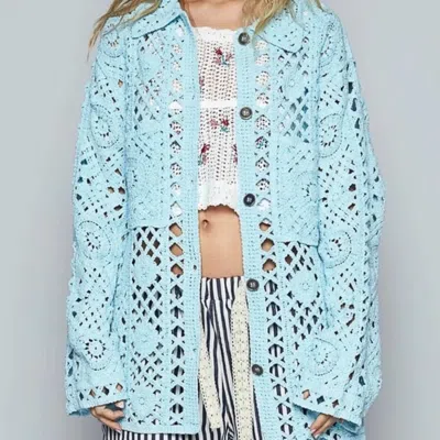Pol Crochet Button Up Cardigan With Chest Patch Pockets In Sky Blue