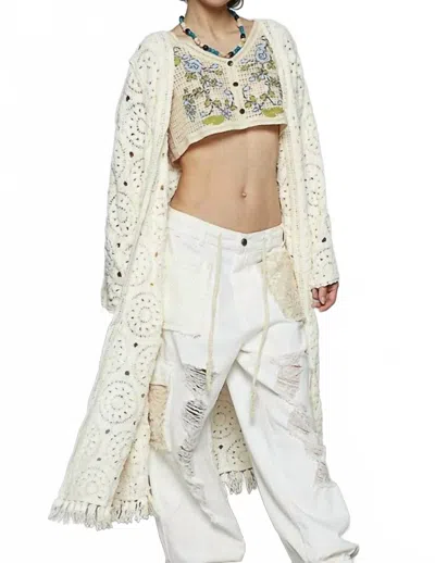 Pol Crochet Fringe Open Front Longline Cardigan In Cream In Neutral