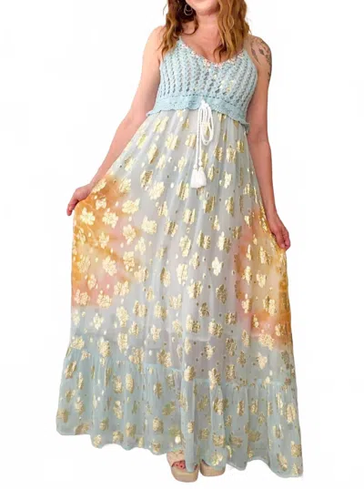 Pol Crochet Golden Accent Boho Maxi Dress In Blue In Multi