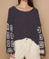 Pol Crochet Sleeve Pullover In Blue In Blue