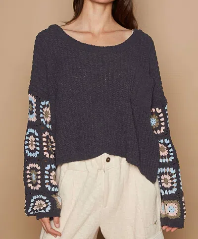 Pol Crochet Sleeve Pullover In Blue