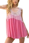 POL CROCHET TRIM RELAXED TOP IN CANDY POP PINK