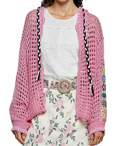 Pol Crochet Zip-up Cardigan Hoodie In Hot Pink