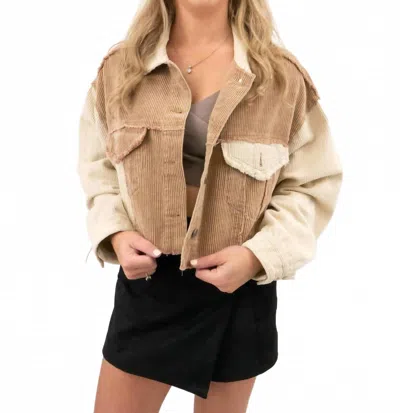 Pol Cropped Corduroy Block Jacket In Beige In Brown