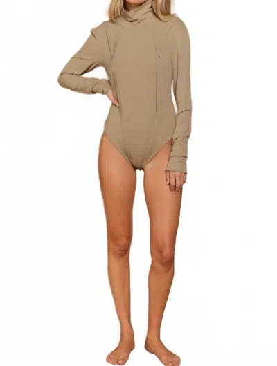 Pol Crotch Snap Button Turtle Neck Ribbed Bodysuit In Olive In Green