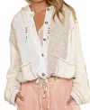 Pol Cut Sew Multi Fabric Hooded Button Down Shacket In Cream/ Beige