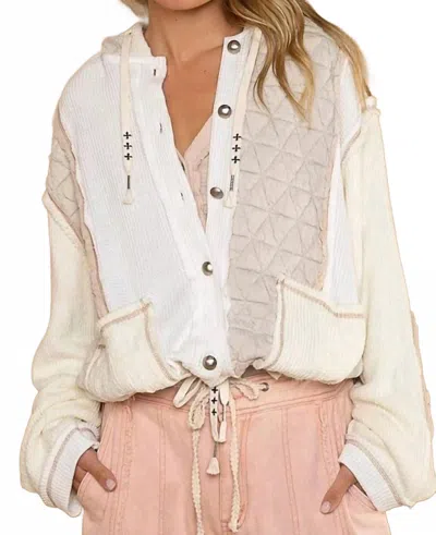 Pol Cut Sew Multi Fabric Hooded Button Down Shacket In Cream/ Beige
