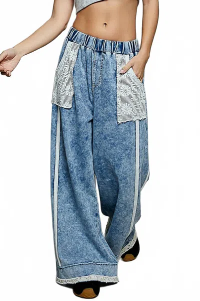 Pol Denim Lace Pants In Light Wash In Blue