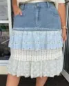 Pol Denim Tiered Fabric Ruffle Skirt In Blue/white In Blue