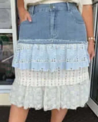 Pol Denim Tiered Fabric Ruffle Skirt In Blue/white