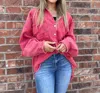 Pol Distressed Denim Shacket In Pink In Pink