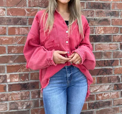 Pol Distressed Denim Shacket In Pink