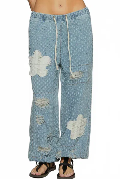 Pol Distressed Elastic Band Textured Twill Joggers In Denim In Blue