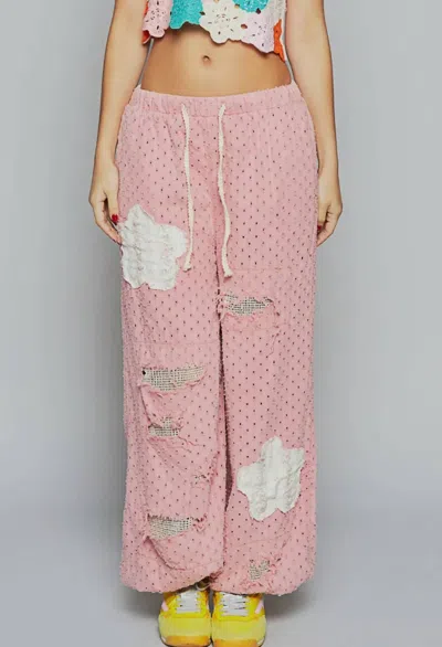 Pol Distressed Elastic Band Textured Twill Joggers In Pink Denim